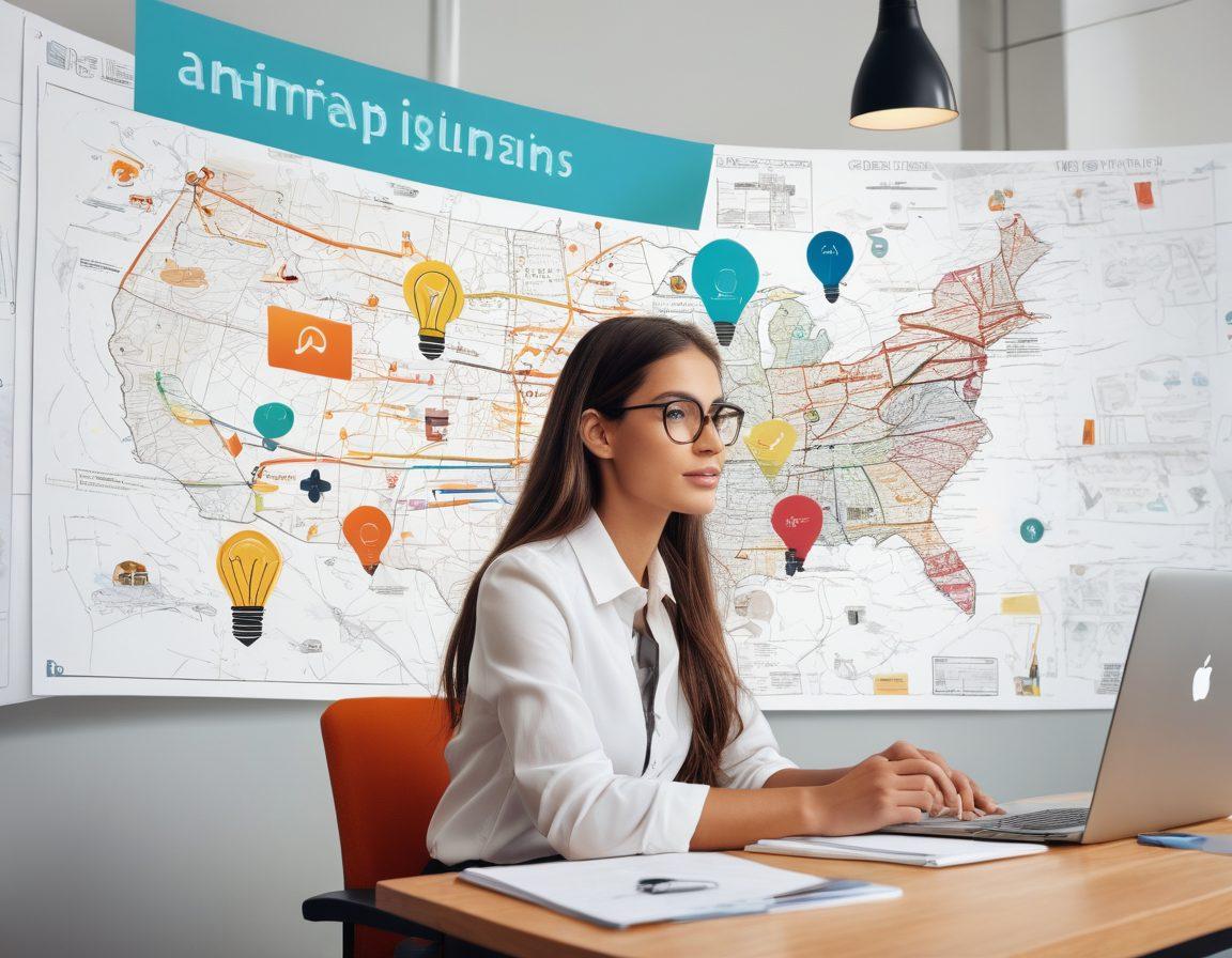 A dynamic collage showcasing a diverse group of individuals engaged in various job-seeking activities: a young woman at a computer researching remote job offers, a young man in business attire preparing for an interview, a group collaborating on a project, and a vibrant map highlighting internship opportunities. The background should include symbols of growth and success like upward arrows and light bulbs. modern illustration. vibrant colors. flat design.