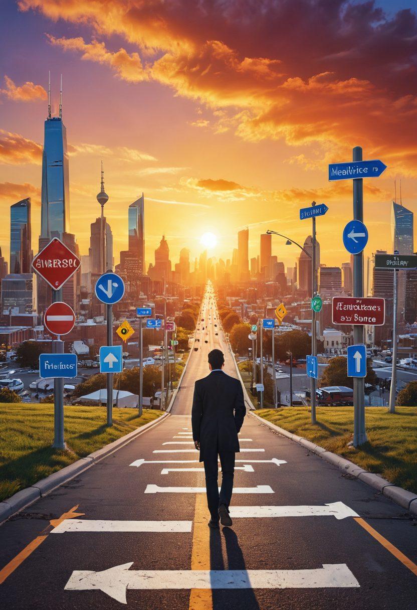 A person standing at a crossroads with multiple signposts pointing to various career paths like 'Tech', 'Healthcare', 'Creative Arts', and 'Business', symbolizing opportunities and choices. The background features a sunrise, representing new beginnings and growth, with a modern city skyline in the distance. Include elements such as an open book and a key on the ground to symbolize knowledge and access to opportunities. colorful. vibrant colors. semi-realistic.